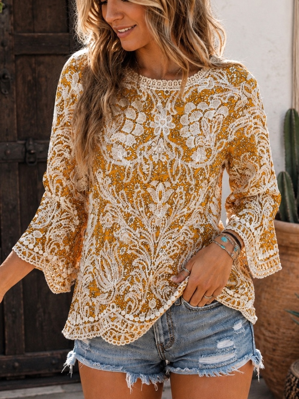 Solitaire Mustard Yellow Boho Embroidered Bell Sleeve Blouse Top Medium NWOT